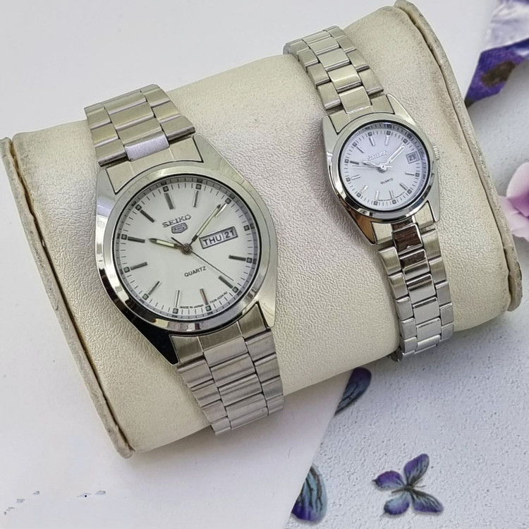 ست ساعت طرح سیکو Seiko زنانه و مردانه با بند فلزی استیل در رنگهای مختلف